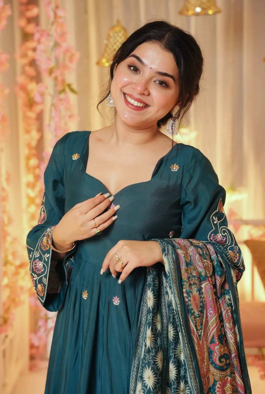 Pure Chinnon Embroidered Gown & Dupatta Set