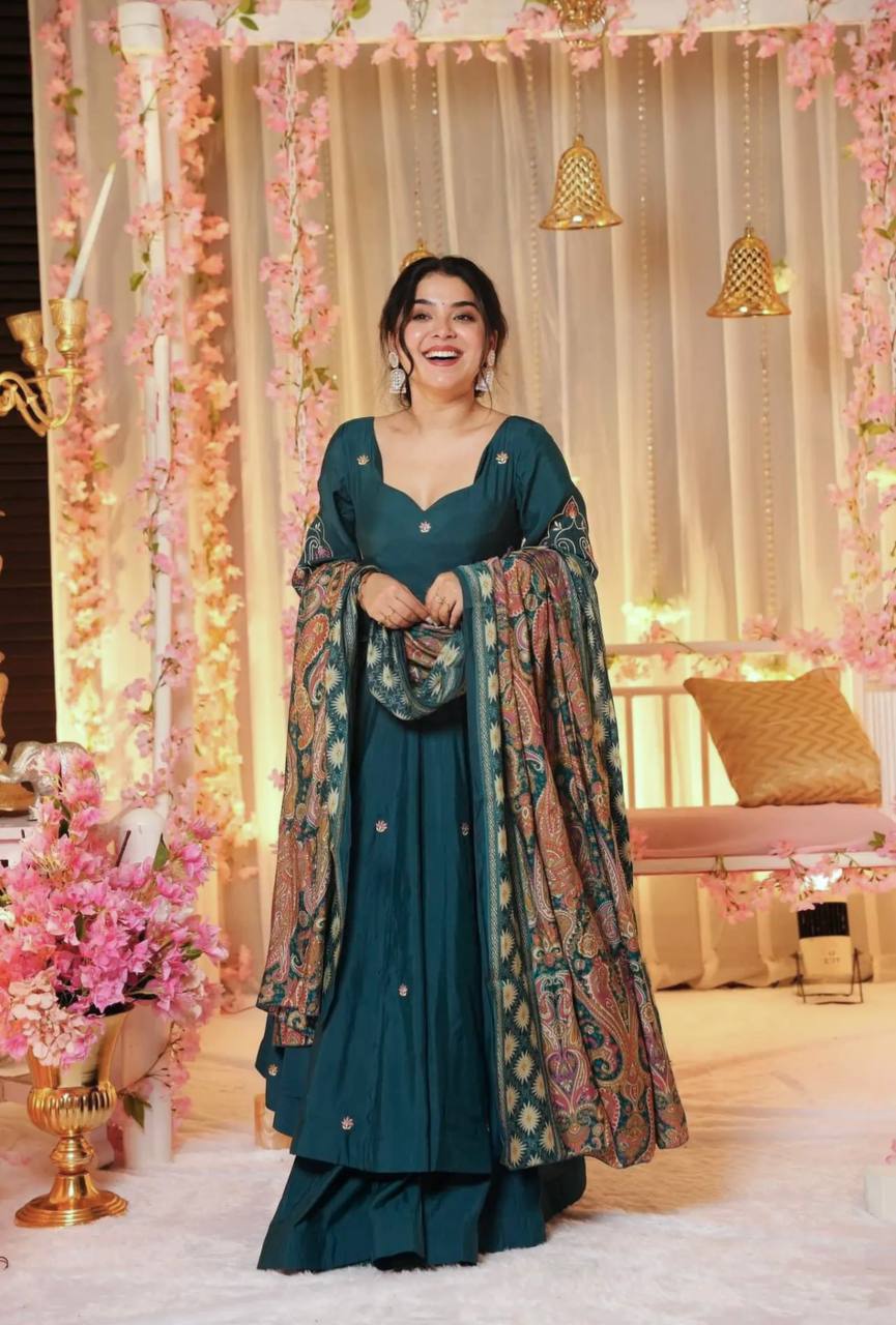 Pure Chinnon Embroidered Gown & Dupatta Set