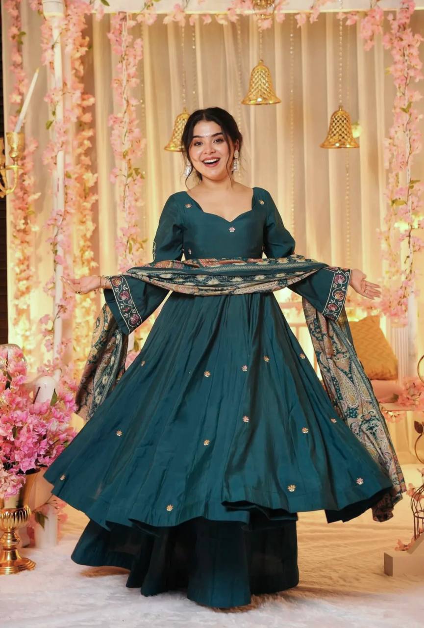 Pure Chinnon Embroidered Gown & Dupatta Set