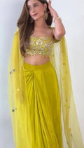 Complete Three-Piece Set – Blouse, Draped Skirt, and Shrug for Festive Wear

