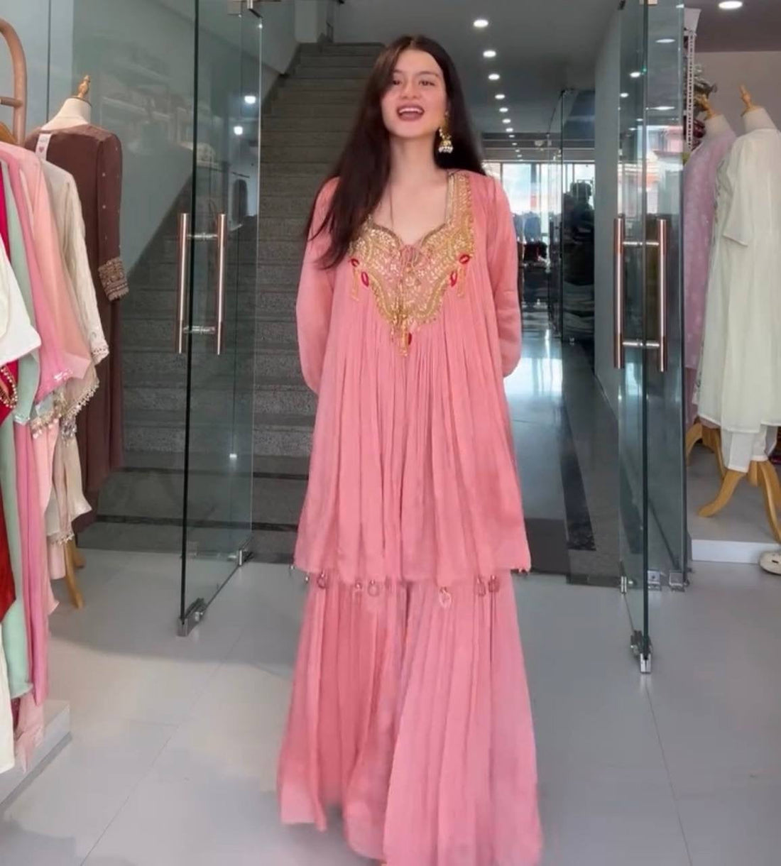 Designer Chinon Embroidered Kurti Sharara Set