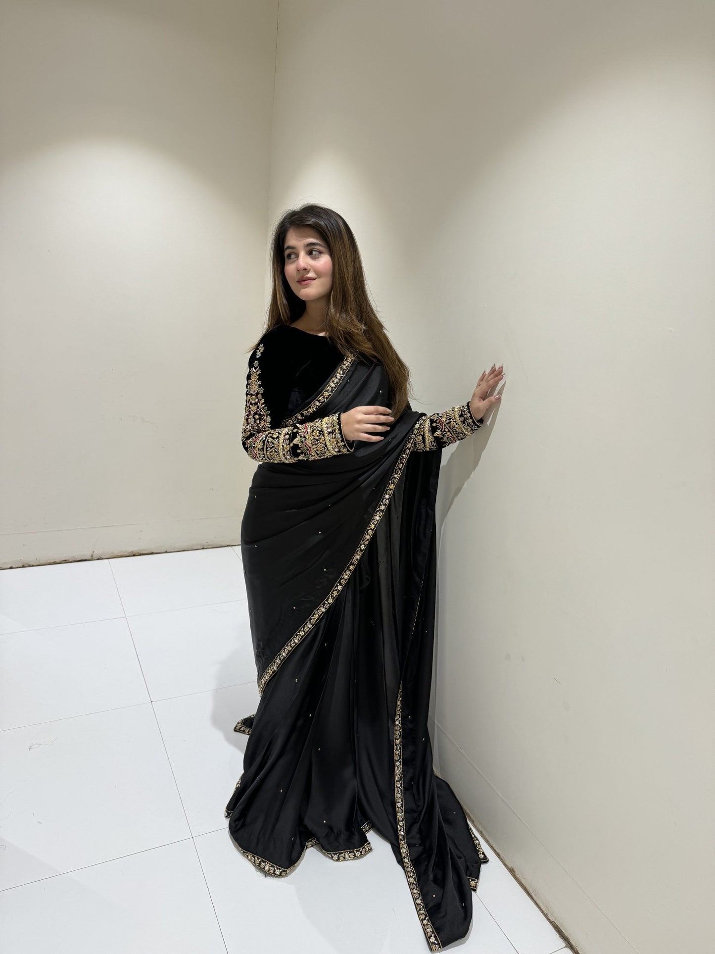 Black Handmade Embellished Saree With Velvet Blouse