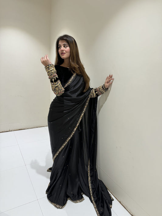 Black Handmade Embellished Saree With Velvet Blouse