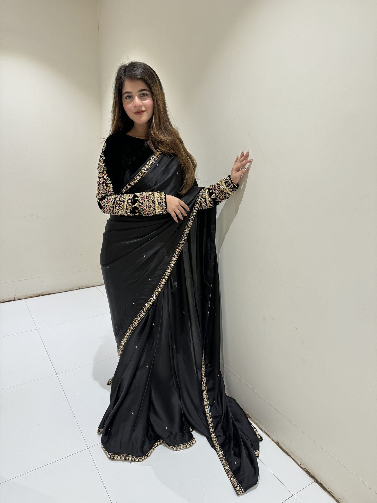 Black Handmade Embellished Saree With Velvet Blouse