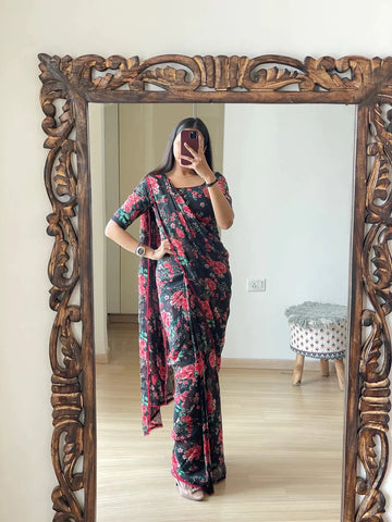 1 MIN READY TO WEAR SAREE IN IMPORTED BUTTI CHIFFON WITH HEAVY BLOUSE
