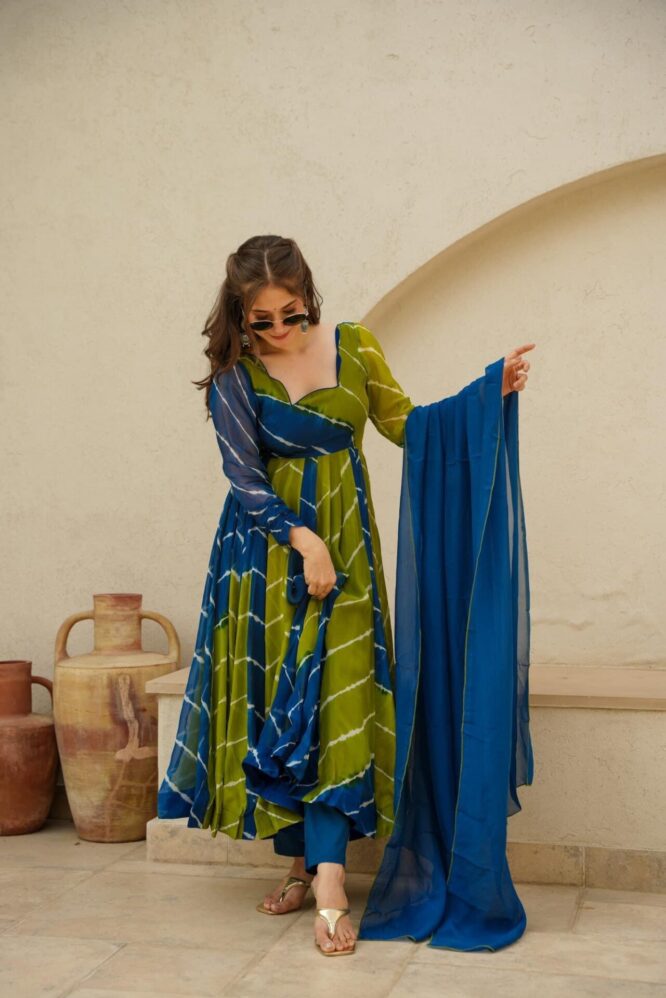 Radhika blue & green leheriya set