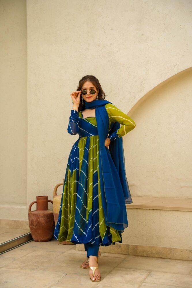 Radhika blue & green leheriya set