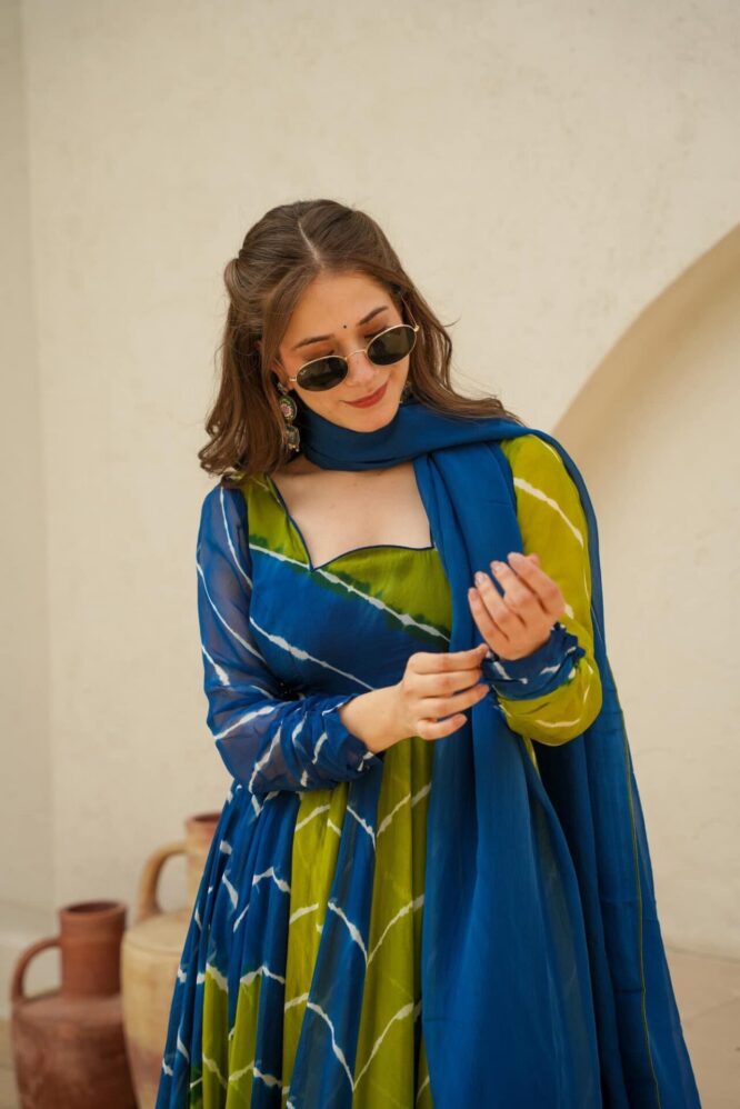 Radhika blue & green leheriya set