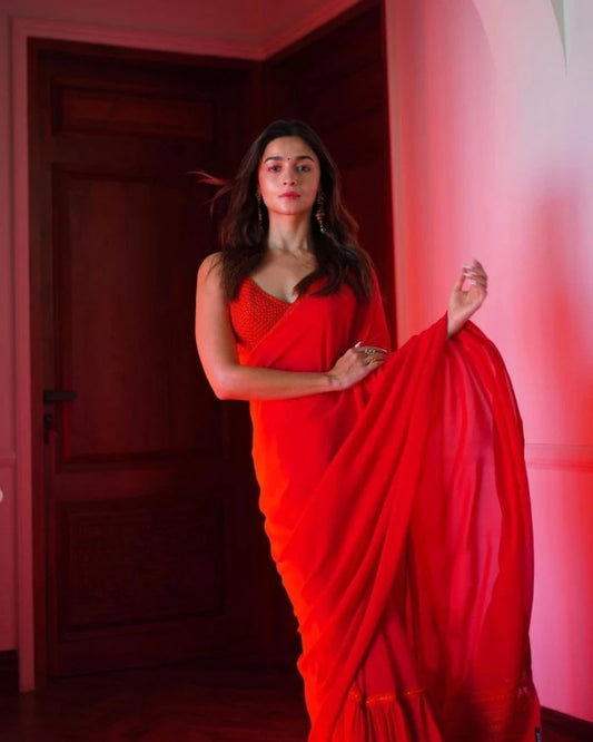 Alia Bhatt Inspired 1-Min Ready To Wear Saree In Premium georgette Red