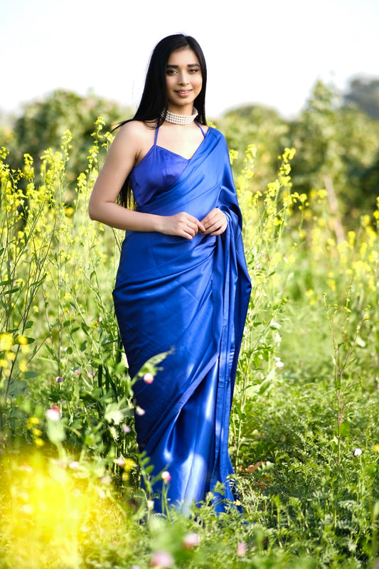 1-Min Ready To Wear Saree In Premium Satin Silk Blue
