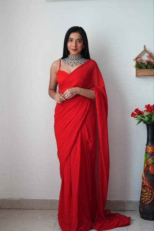 1-Min Ready To Wear Saree In Premium georgette Red