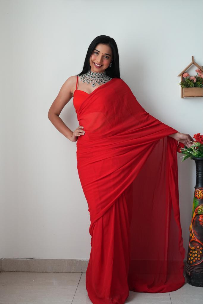 Alia Bhatt Inspired 1-Min Ready To Wear Saree In Premium georgette Red