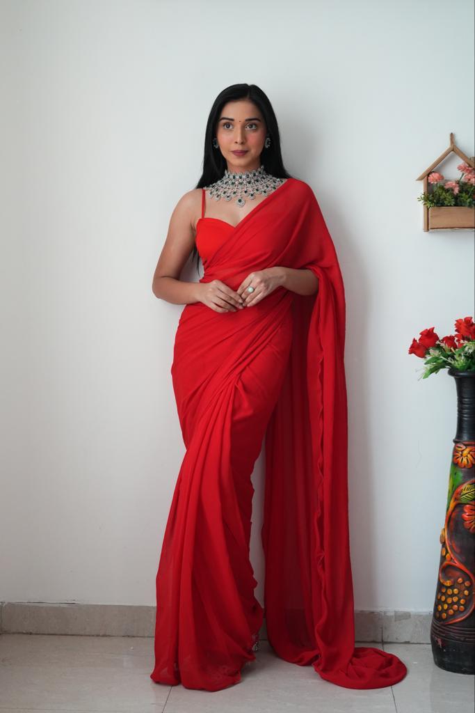 Ready To Wear Red Bhagalpuri Silk With woven zari and Mustard ornate p
