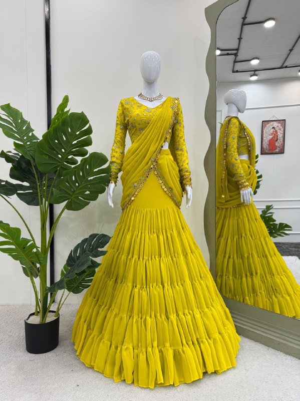 "Front view highlighting the sequence and thread work on the choli of the Lehenga Saree."