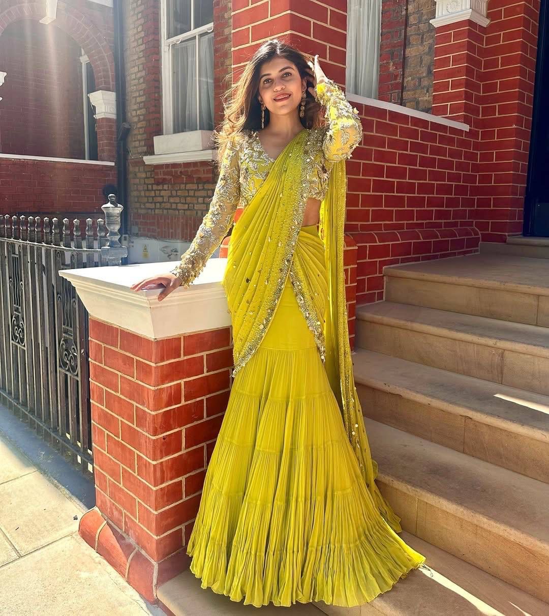 "Full view of the stylish Lehenga Saree with unstitched choli and ready-to-wear skirt."