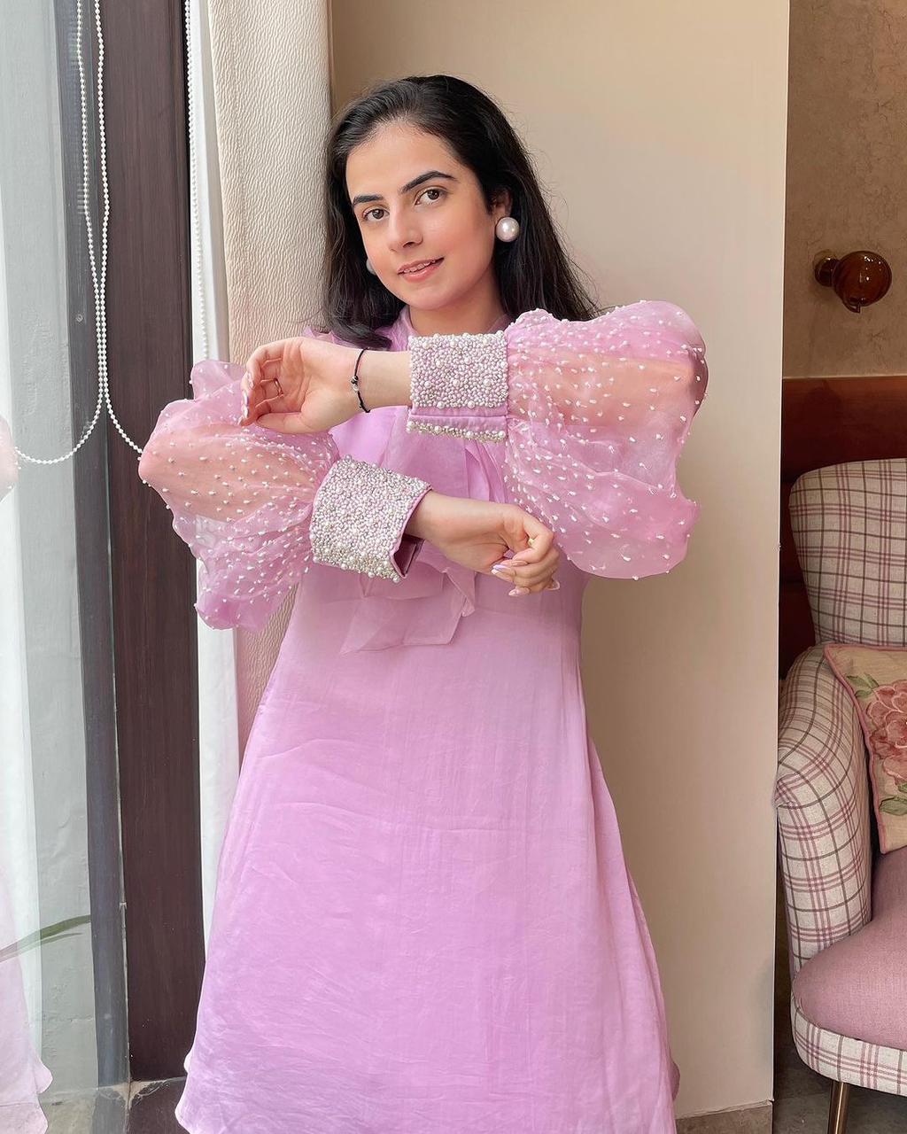 Pink Organza Designer Top and Pant Set With Moti Work