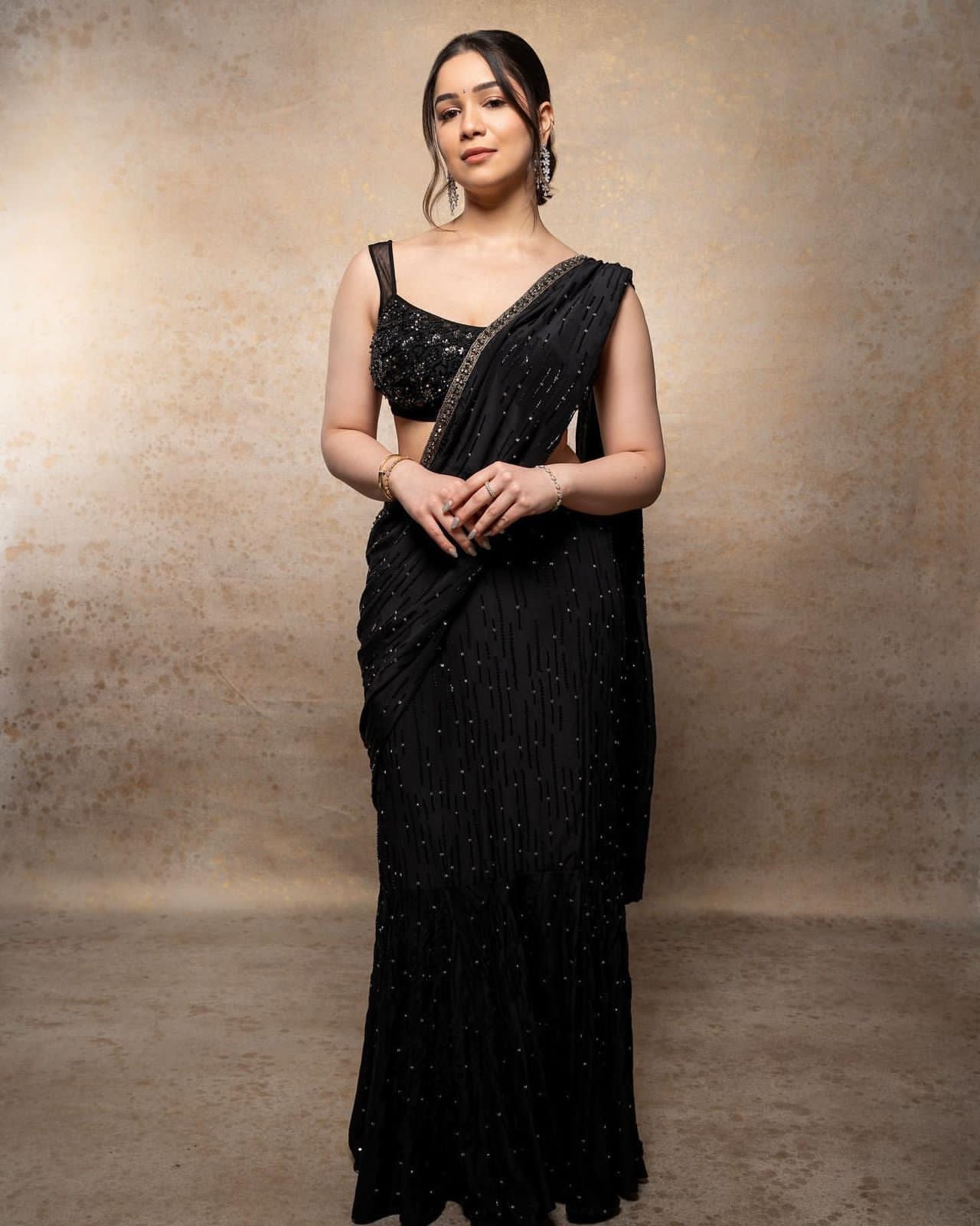 Ready to Wear - Black Embellished Net Saree with Sequence Work