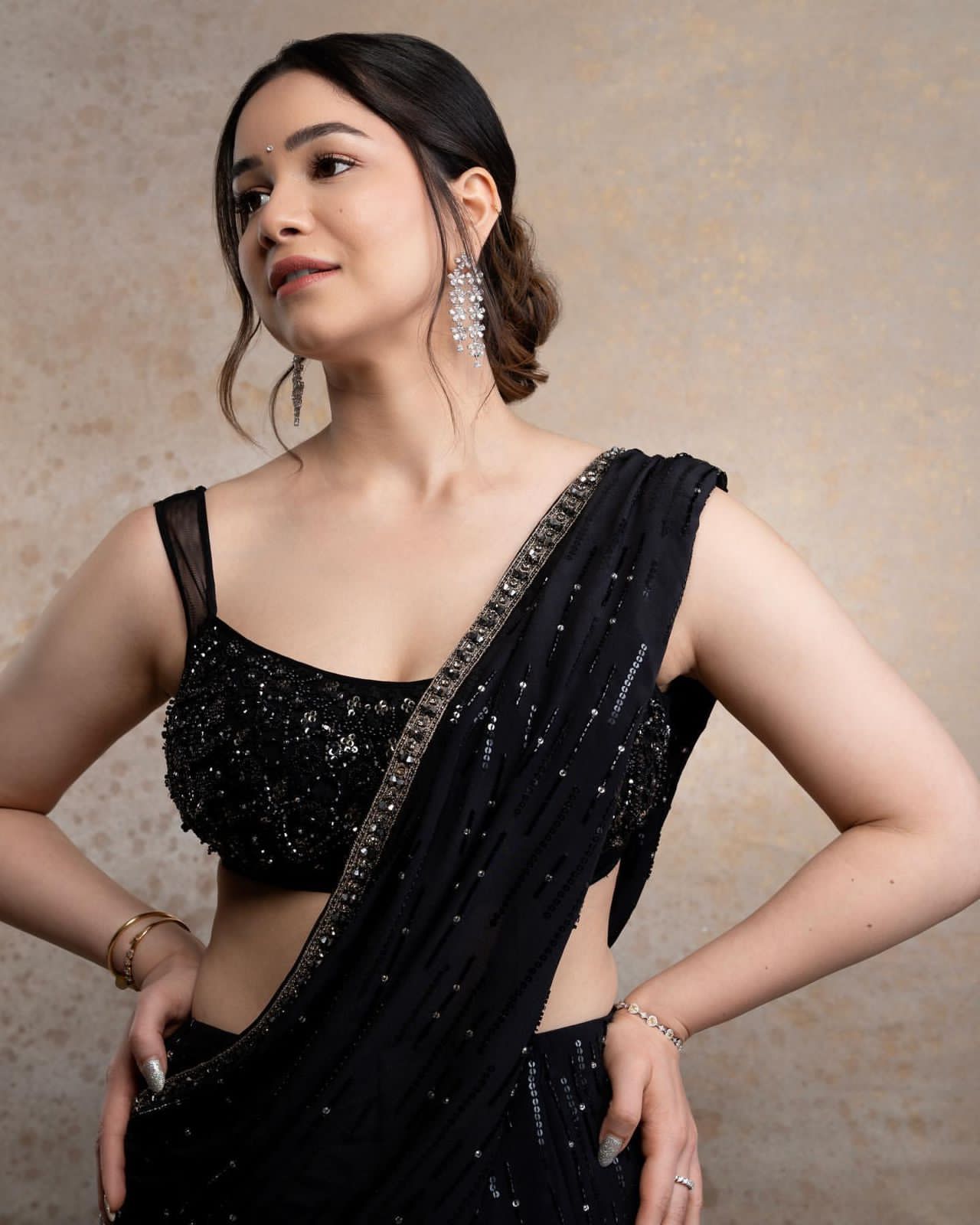 Ready to Wear - Black Embellished Net Saree with Sequence Work