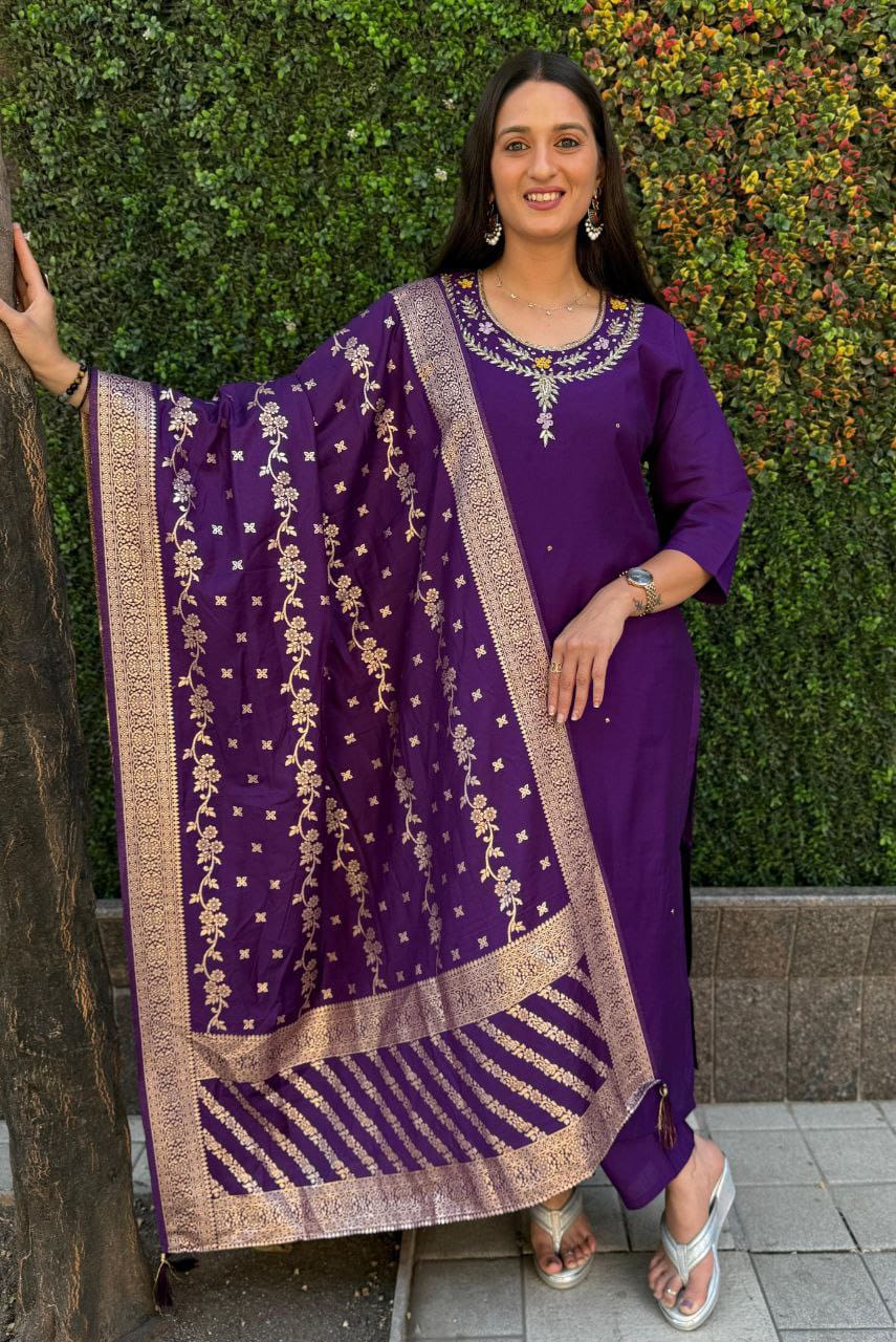 "Premium Purple Roman Silk Suit with Handwork & Nylon Muslin Dupatta"