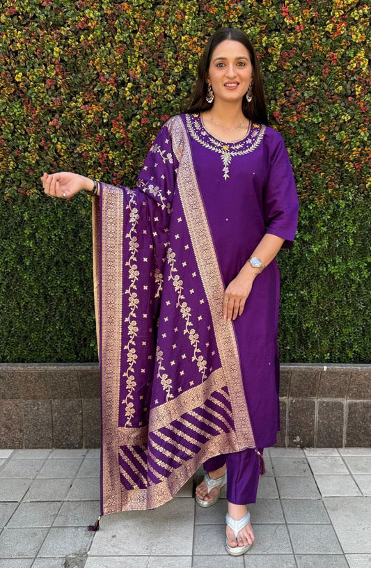 "Premium Purple Roman Silk Suit with Handwork & Nylon Muslin Dupatta"