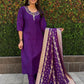 "Premium Purple Roman Silk Suit with Handwork & Nylon Muslin Dupatta"