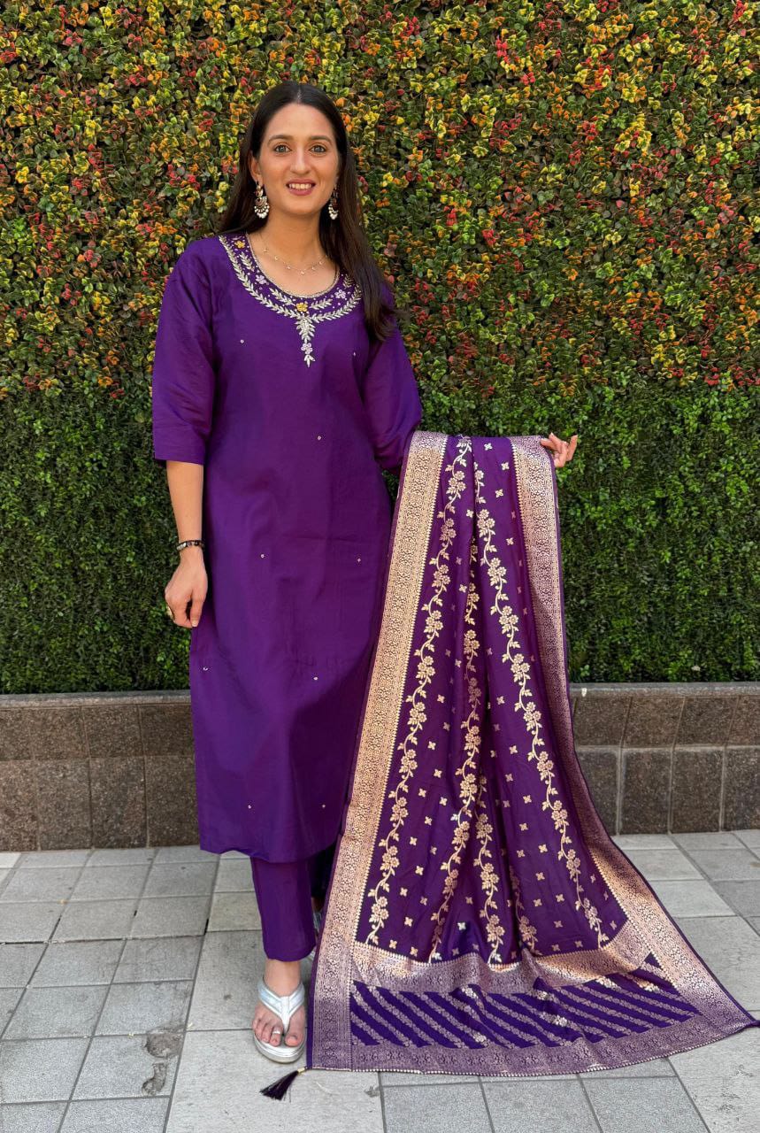 "Premium Purple Roman Silk Suit with Handwork & Nylon Muslin Dupatta"