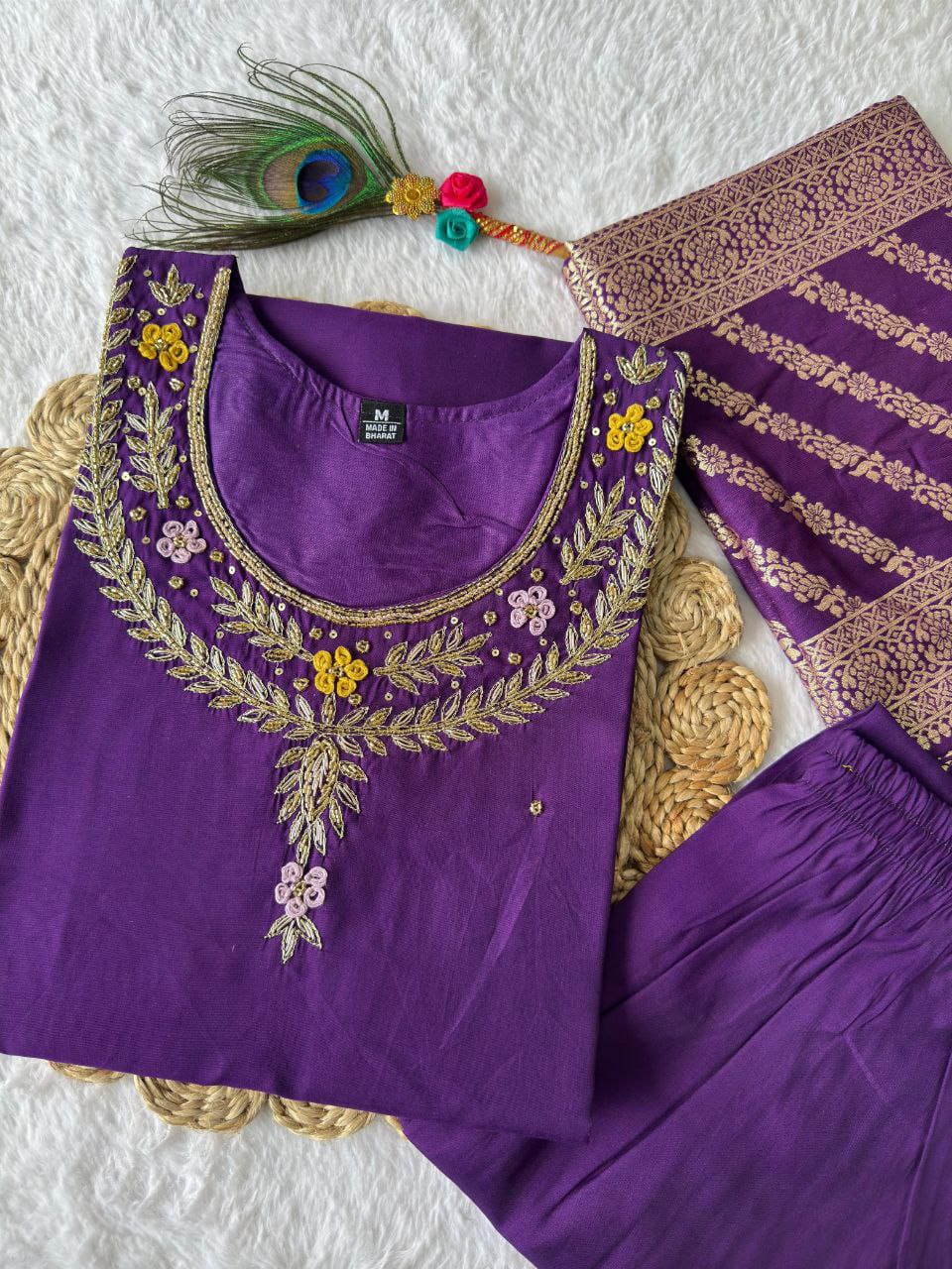 "Premium Purple Roman Silk Suit with Handwork & Nylon Muslin Dupatta"