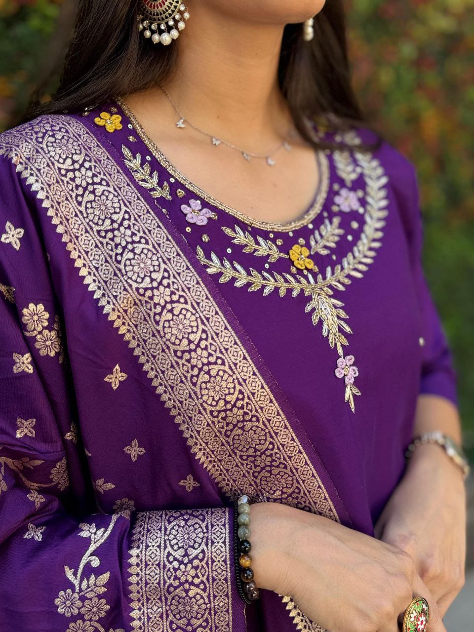 "Premium Purple Roman Silk Suit with Handwork & Nylon Muslin Dupatta"