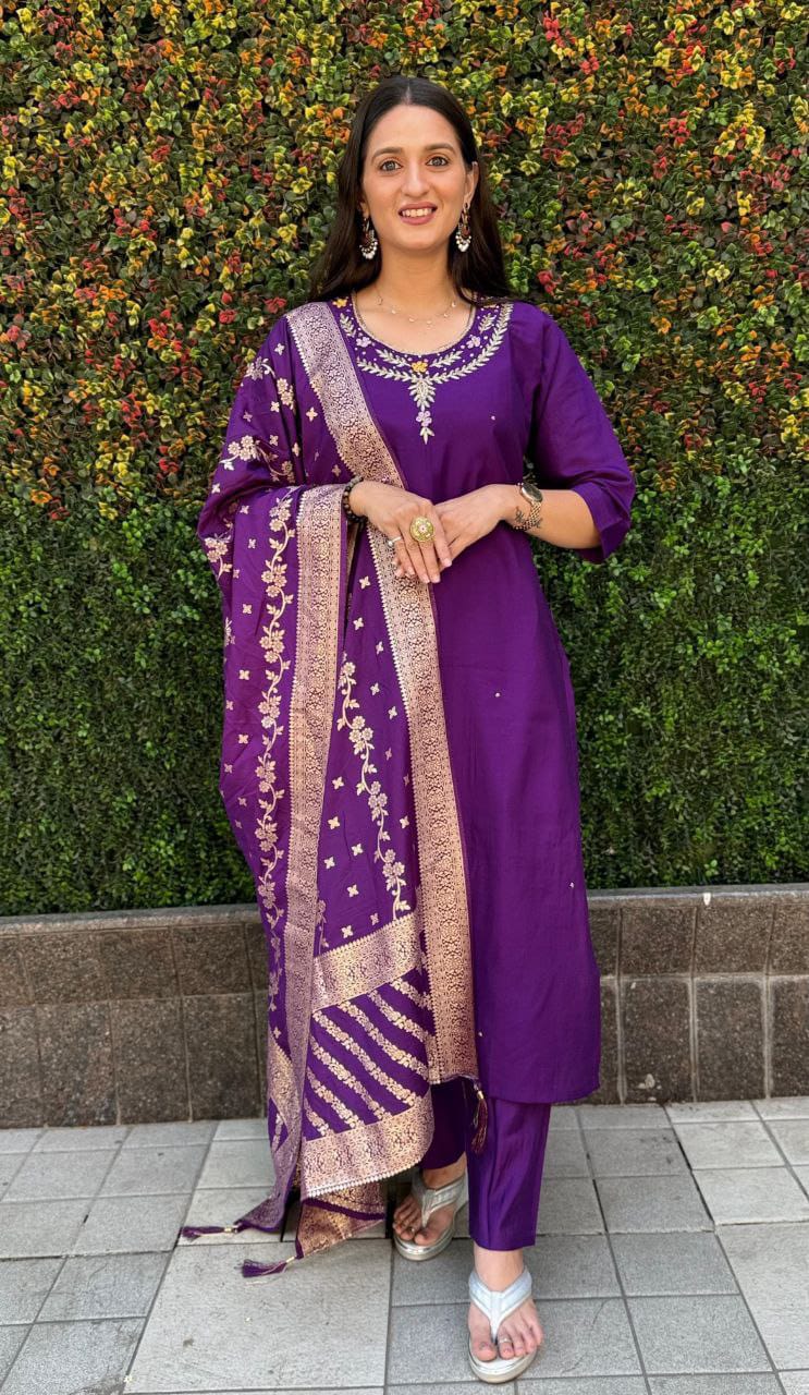 "Premium Purple Roman Silk Suit with Handwork & Nylon Muslin Dupatta"