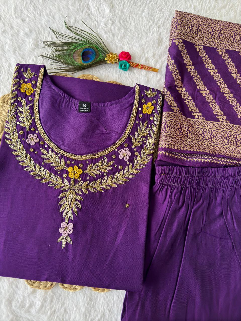 "Premium Purple Roman Silk Suit with Handwork & Nylon Muslin Dupatta"