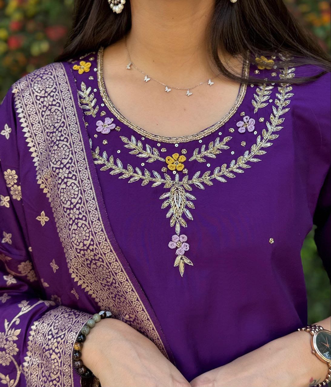 "Premium Purple Roman Silk Suit with Handwork & Nylon Muslin Dupatta"