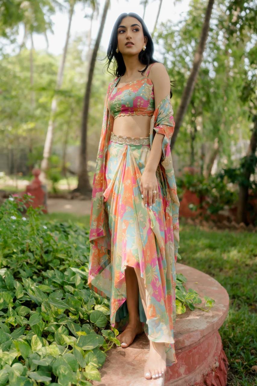 DESIGNER FANCY WESTERN STYLE CREAP SILK PRINTED AND PAN MIROR WORK KOTI, BLOUSE WITH WESTERN BOTTOM