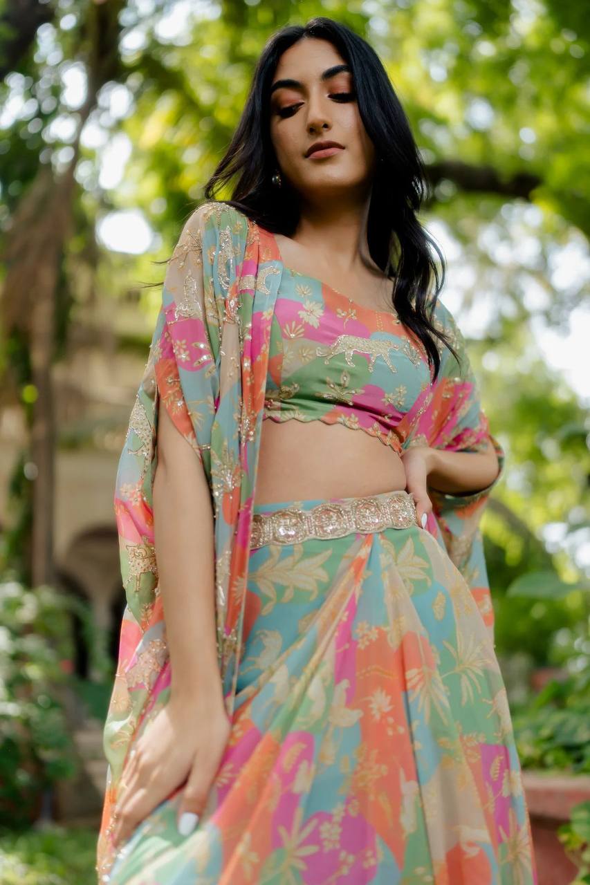 DESIGNER FANCY WESTERN STYLE CREAP SILK PRINTED AND PAN MIROR WORK KOTI, BLOUSE WITH WESTERN BOTTOM