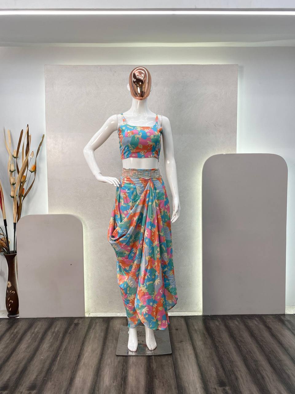DESIGNER FANCY WESTERN STYLE CREAP SILK PRINTED AND PAN MIROR WORK KOTI, BLOUSE WITH WESTERN BOTTOM