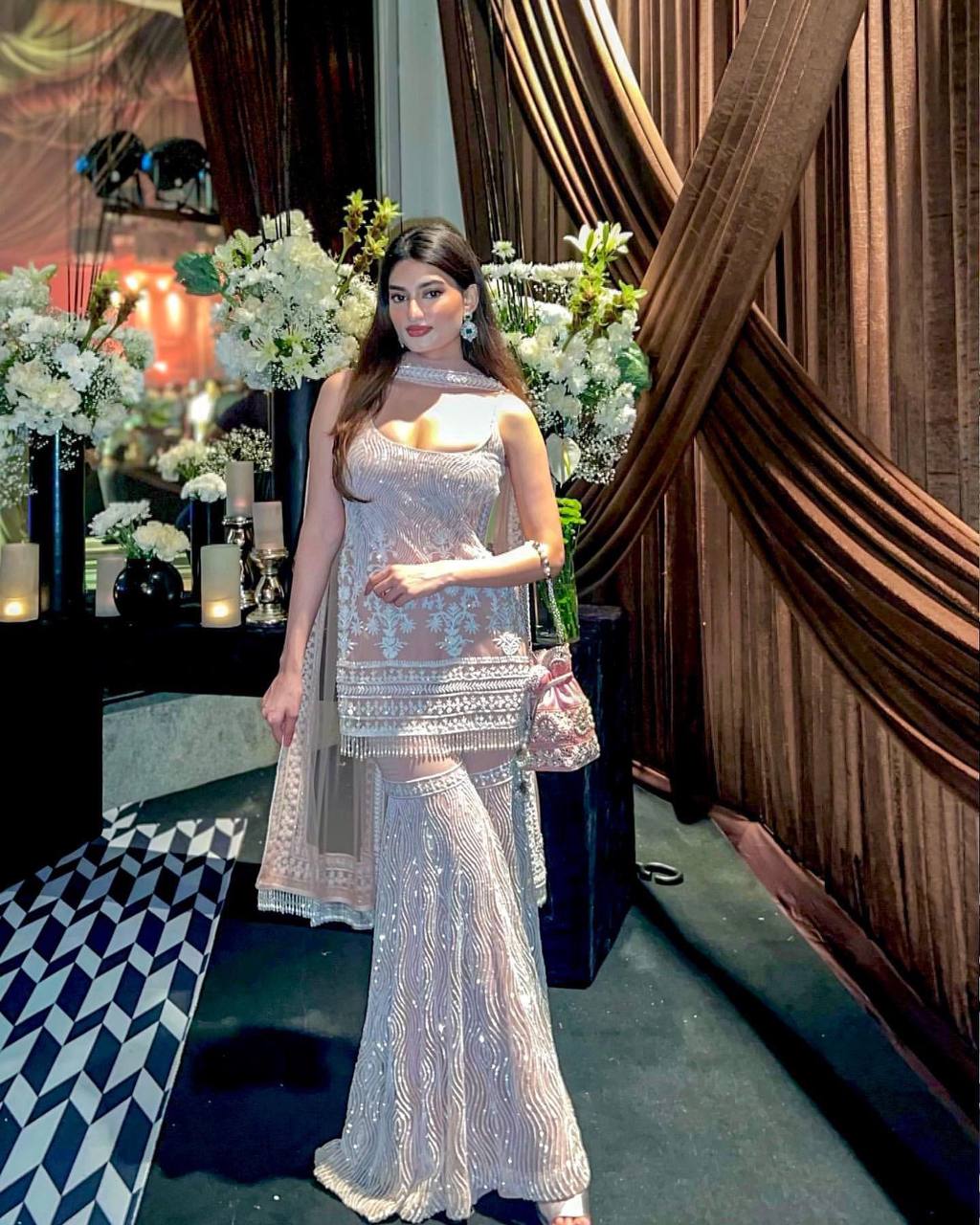 DESIGNER HEAVY SOFT NET TOP WITH FULL CHINE SEQUNCE WORK PALAZZO SUIT