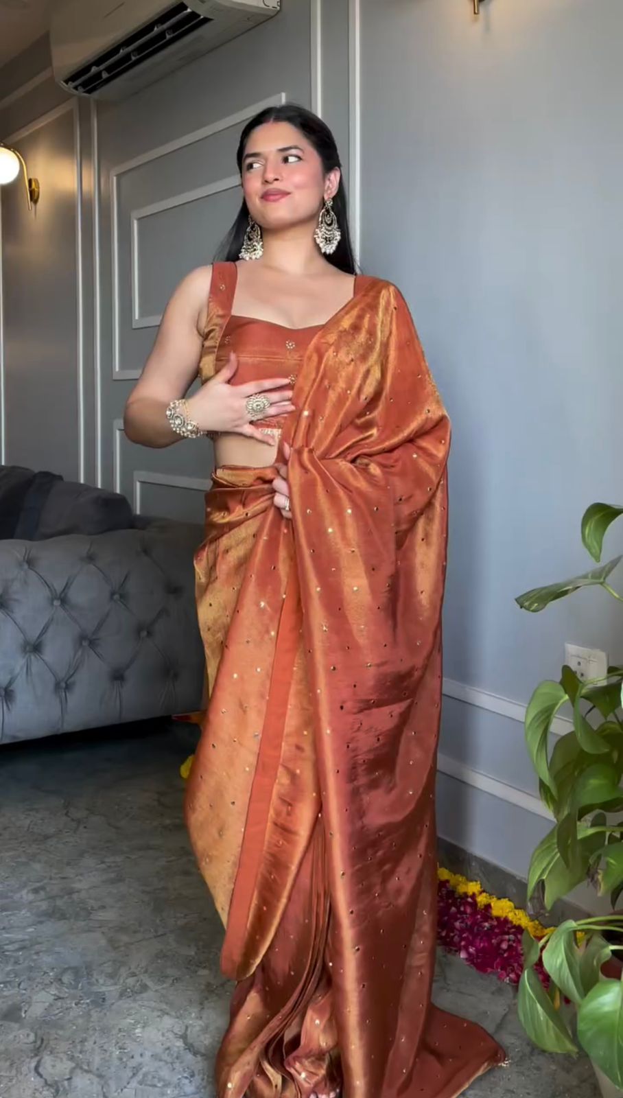 Rust orange beautiful Designer Saree on Chimar Tissue Silk Febric