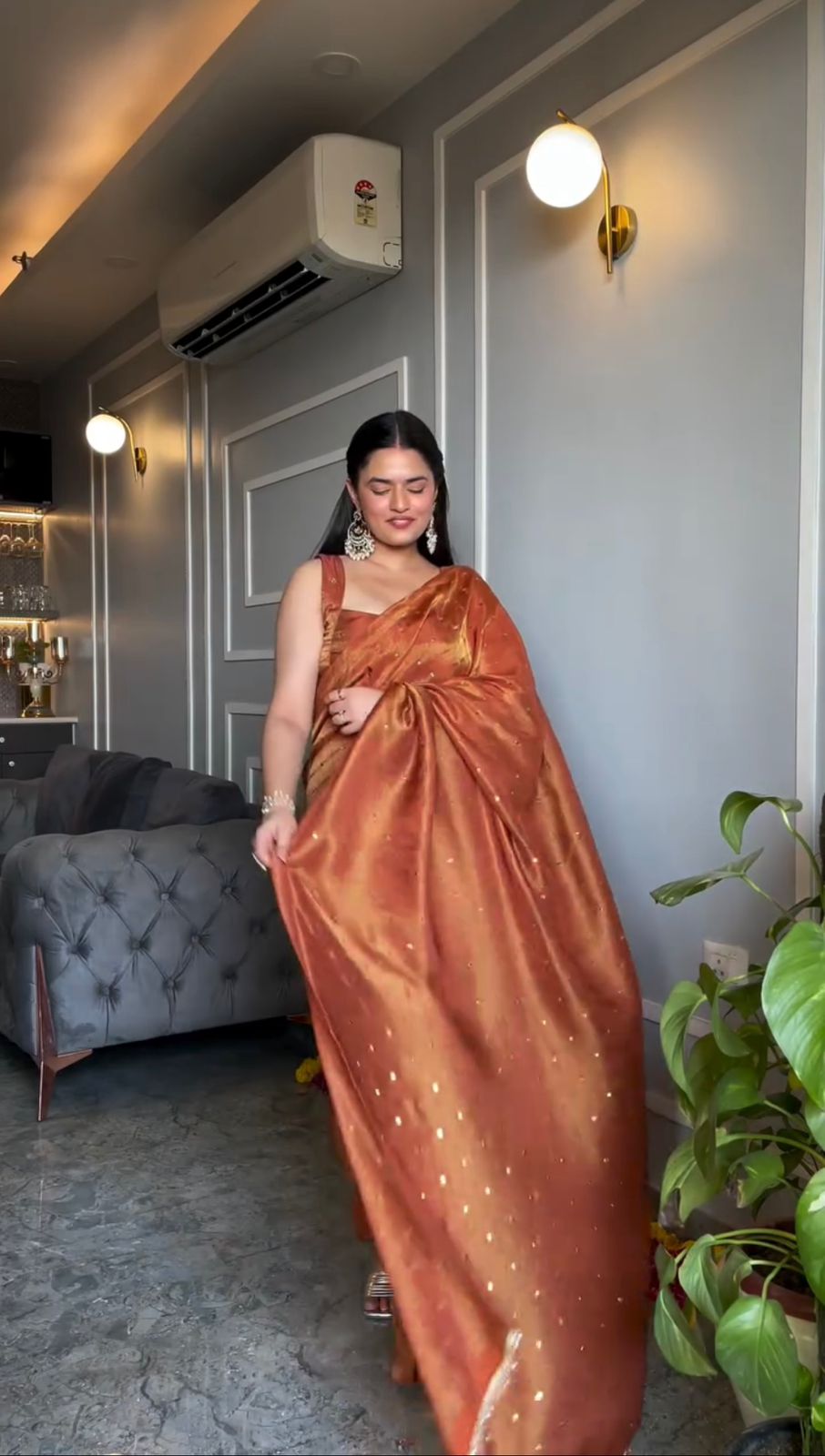 Rust orange beautiful Designer Saree on Chimar Tissue Silk Febric