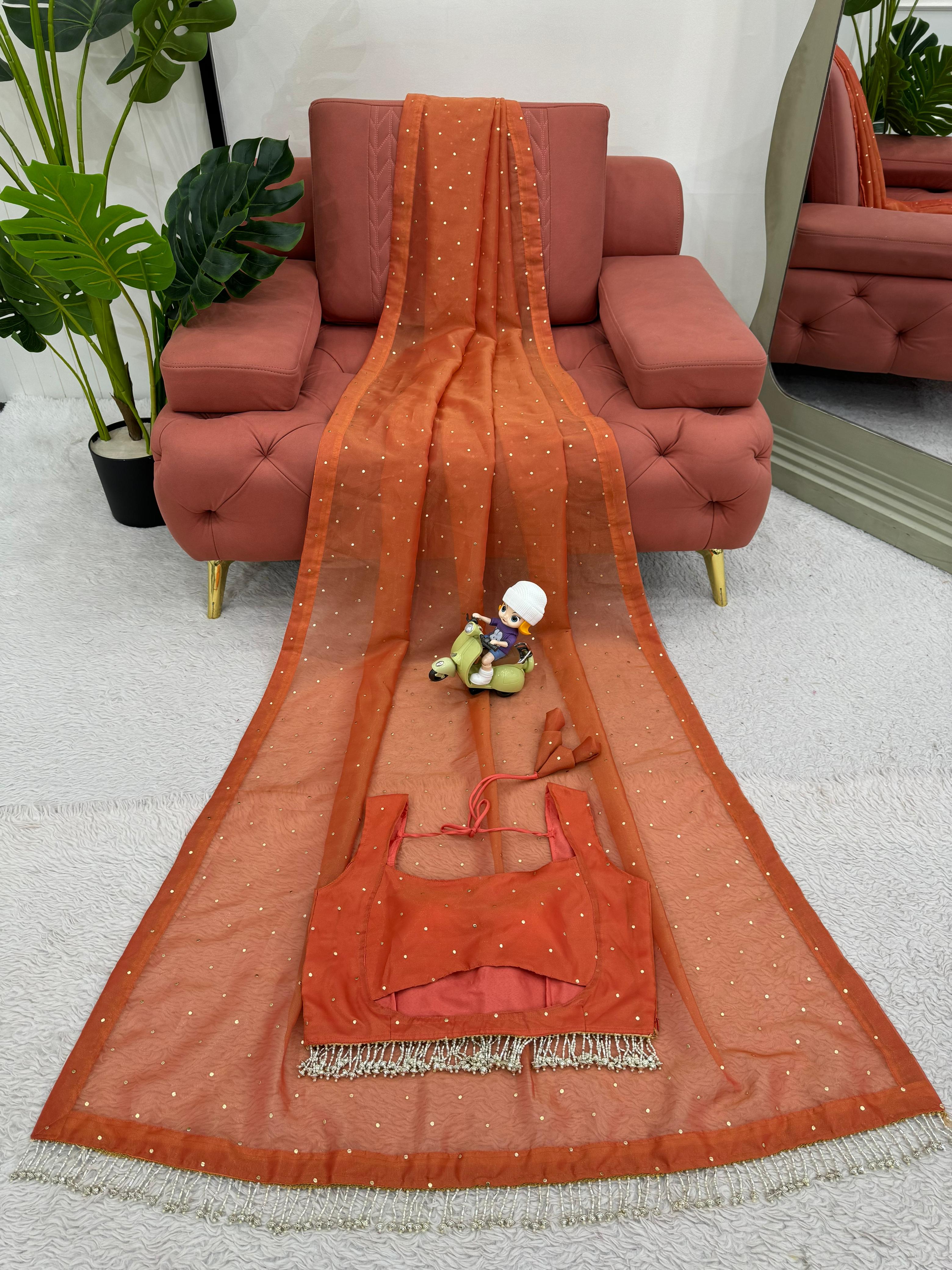 Rust orange beautiful Designer Saree on Chimar Tissue Silk Febric
