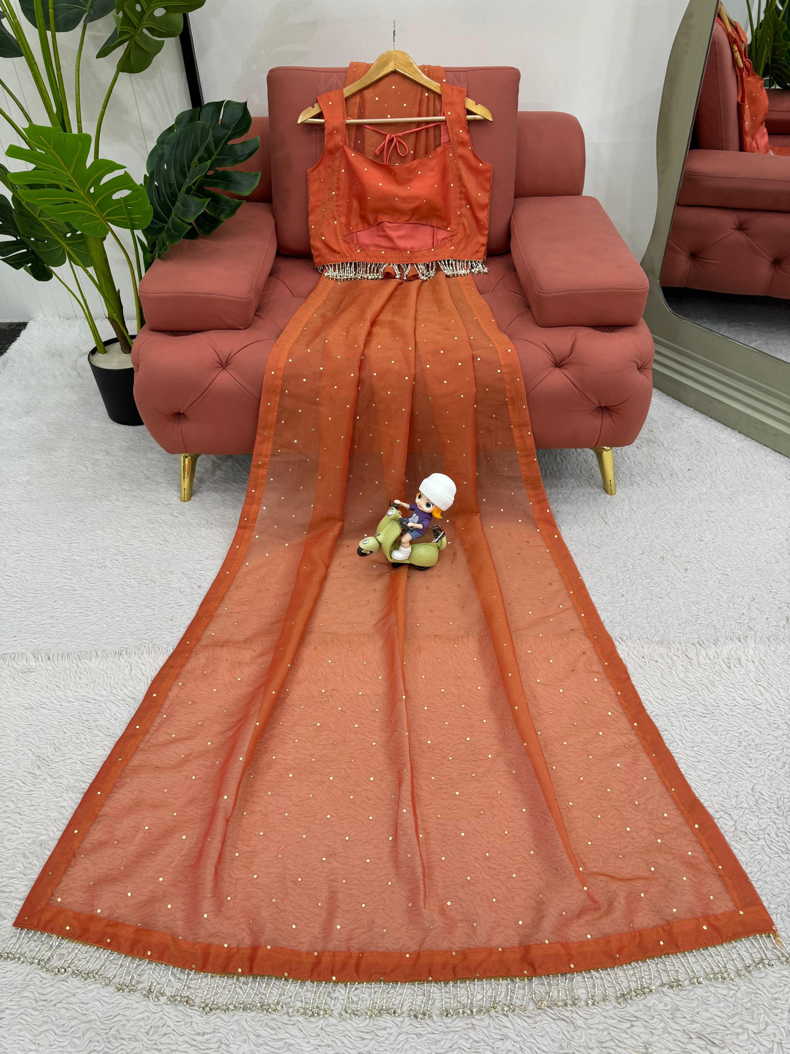 Rust orange beautiful Designer Saree on Chimar Tissue Silk Febric