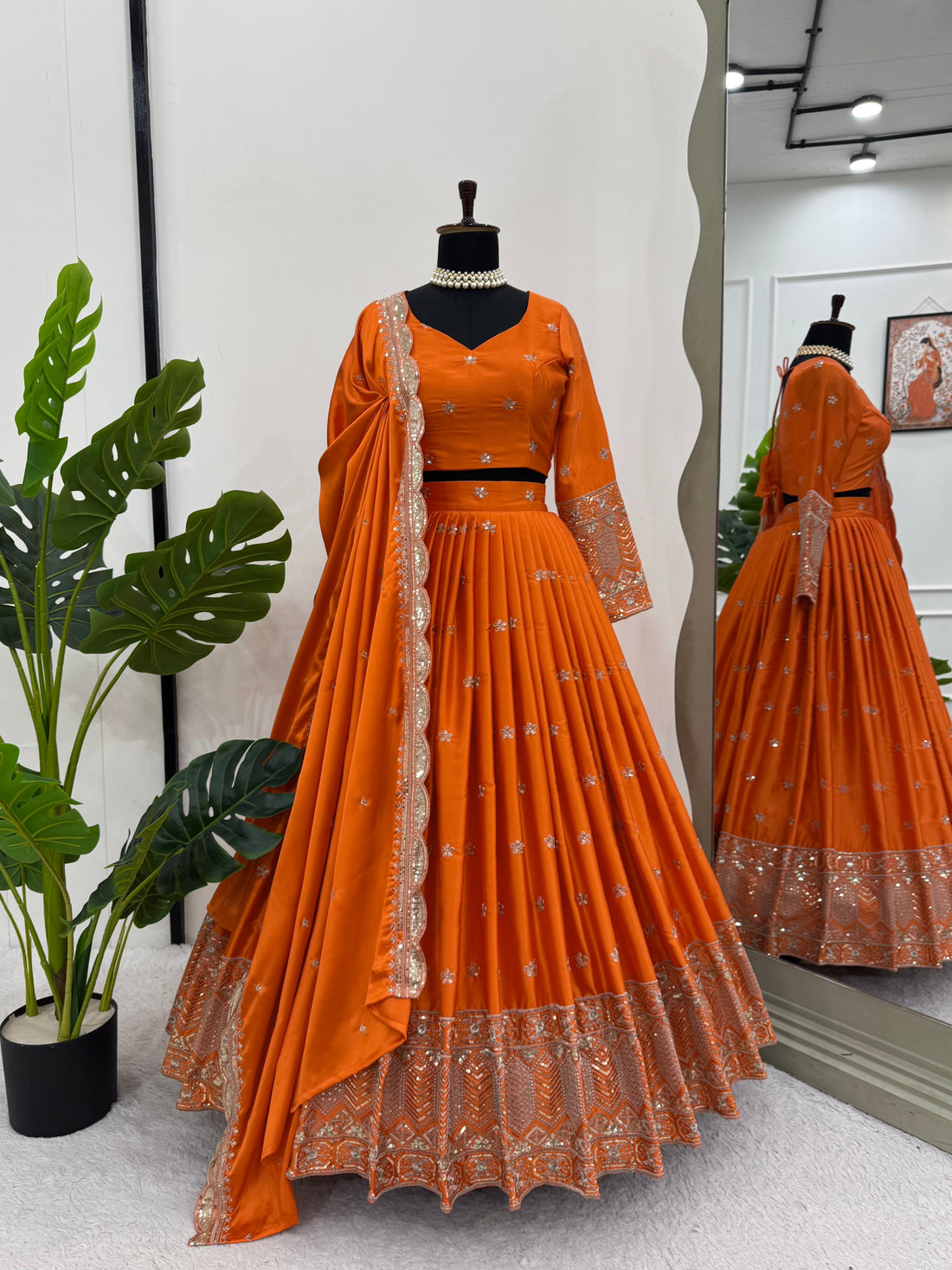 Royal Radiance satin silk lehenga set with sequin and thread work, front view