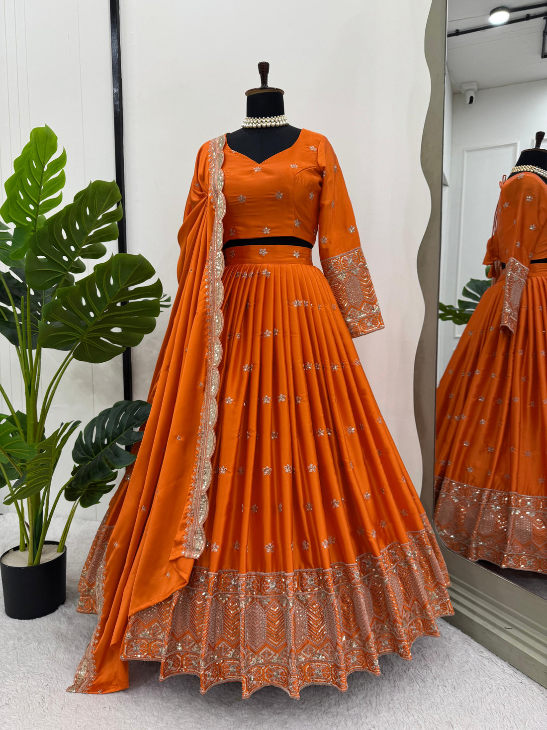Royal Radiance satin silk lehenga set with sequin and thread work, front view