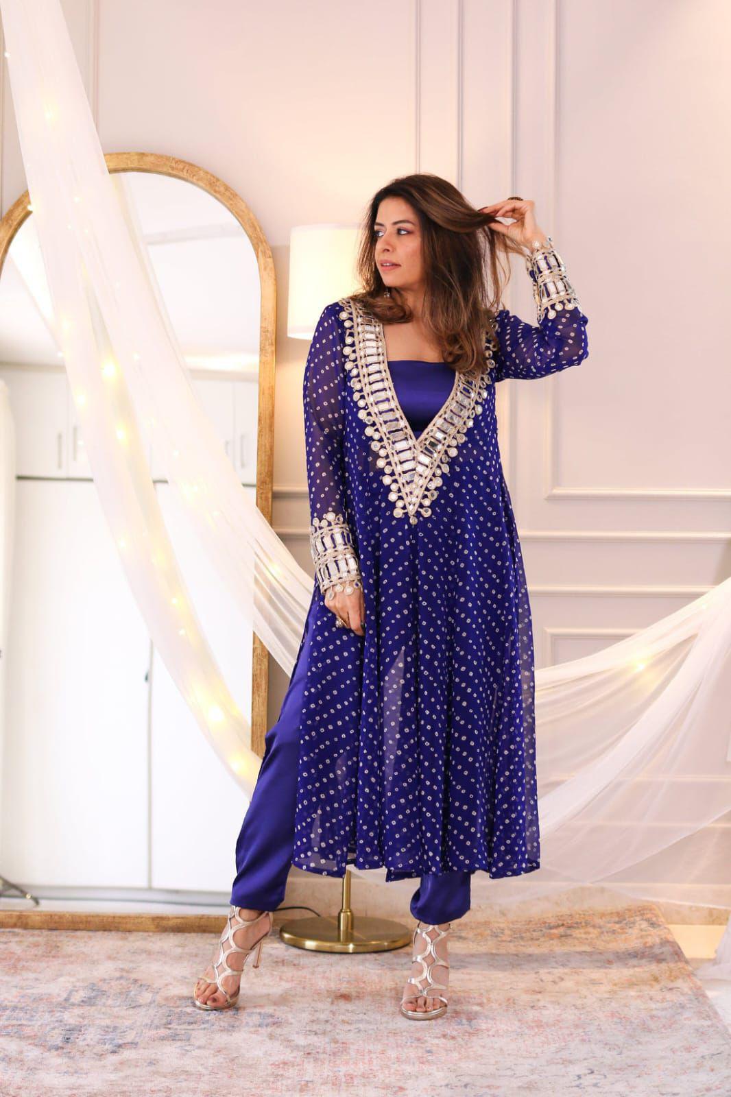 Mirror work Chinon Kurta Set in festive colors – front view