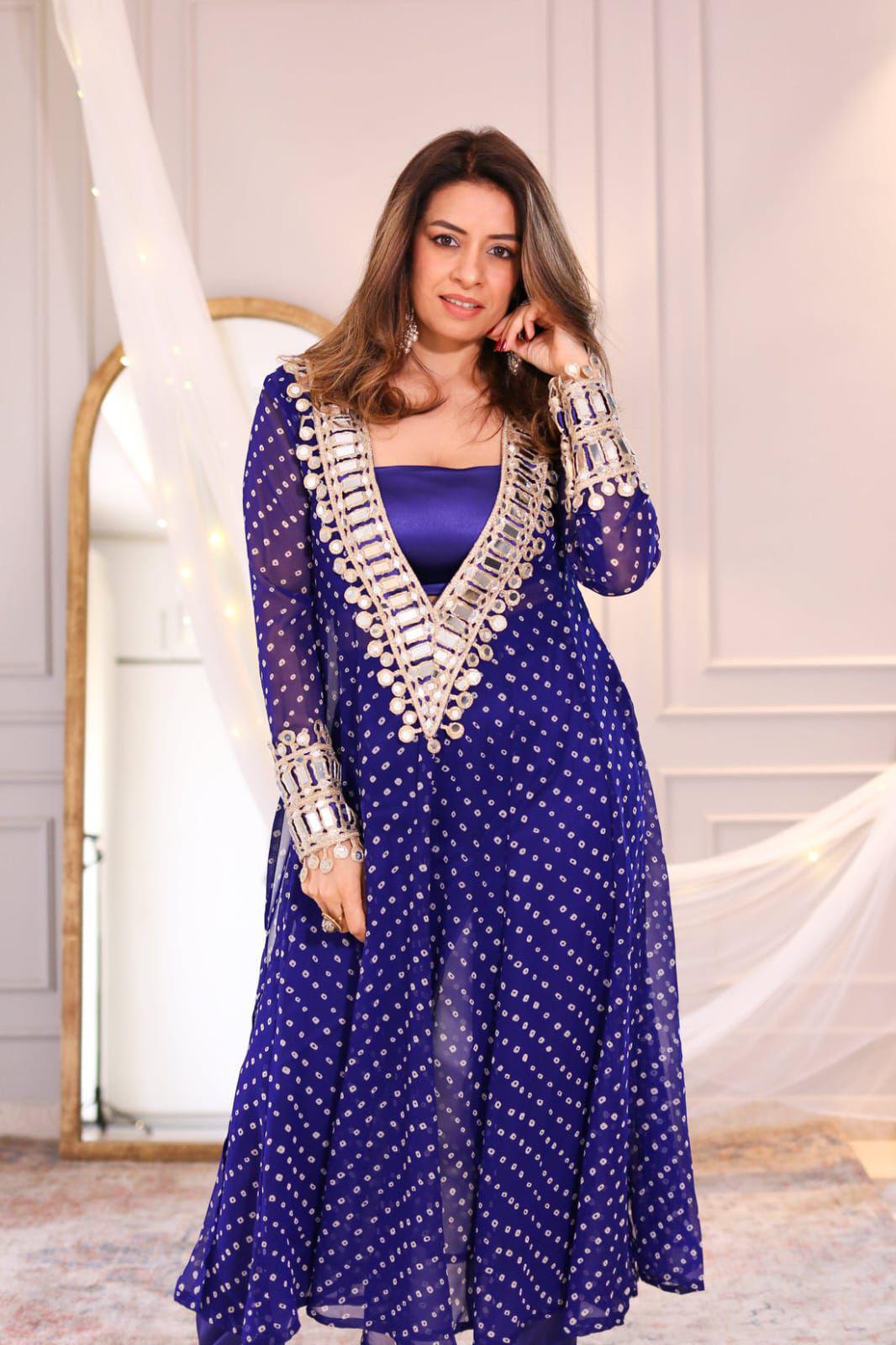 Mirror work Chinon Kurta Set in festive colors – front view