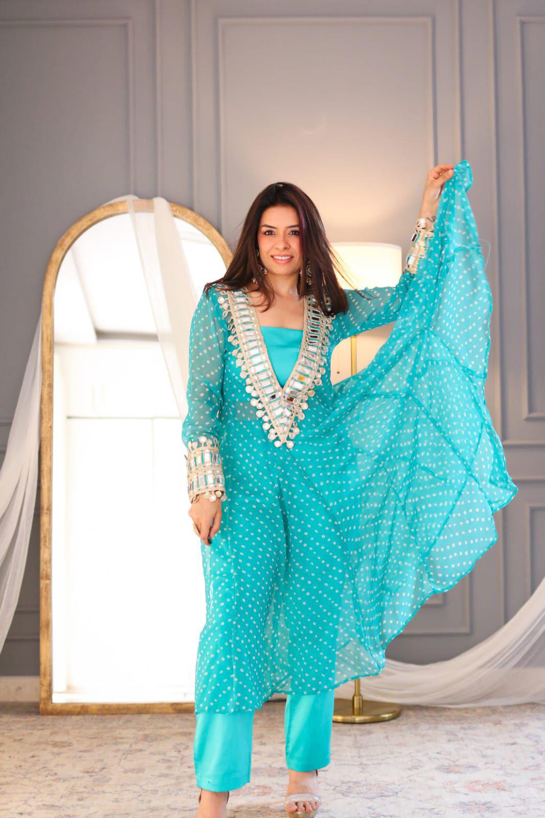 ✨ Festive Chic Mirror Work Chinon Kurta Set – Wedding & Party-Ready 3-Piece Look
