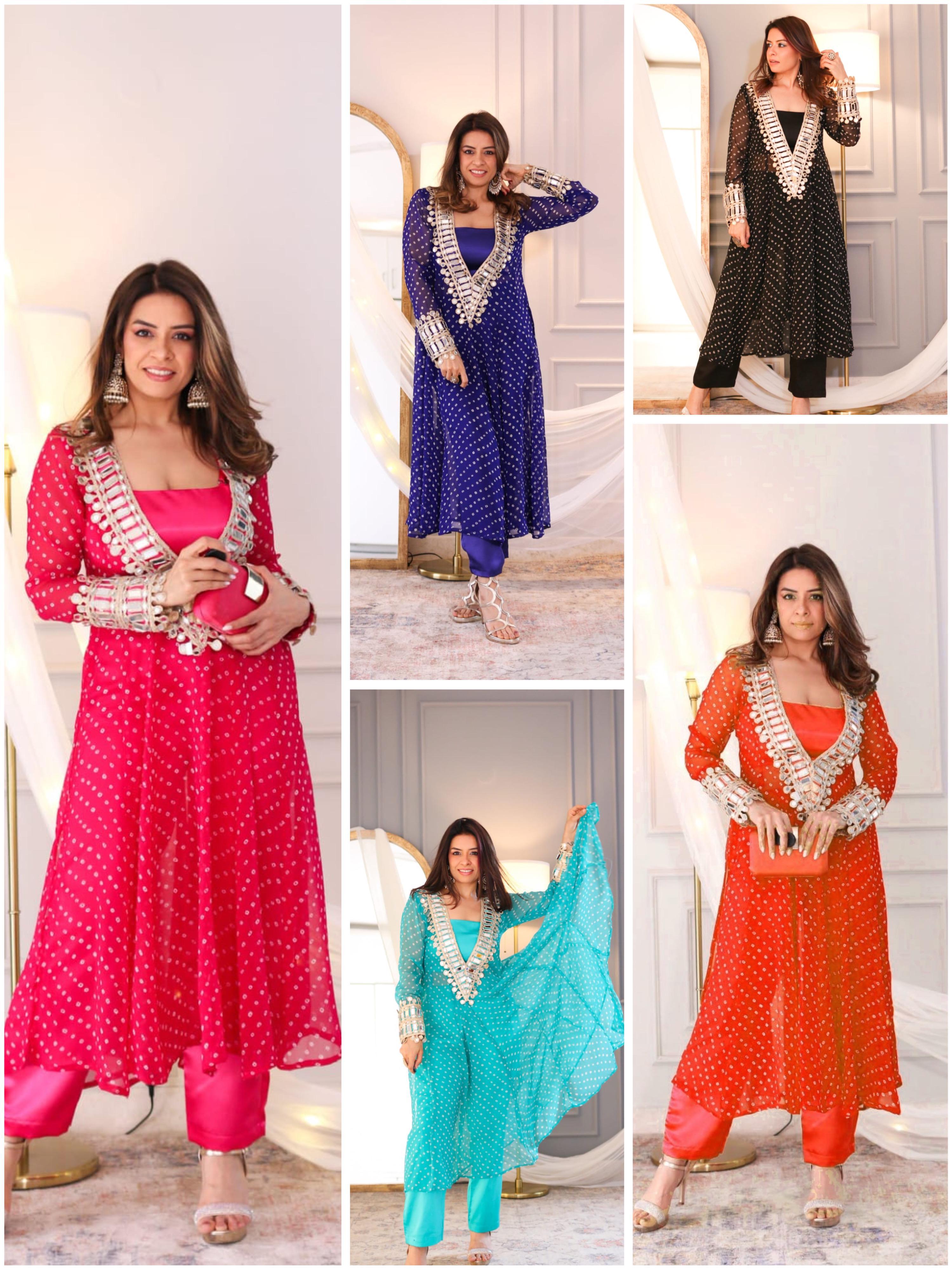 Five-color set of festive mirror work Chinon kurta dresses for wedding