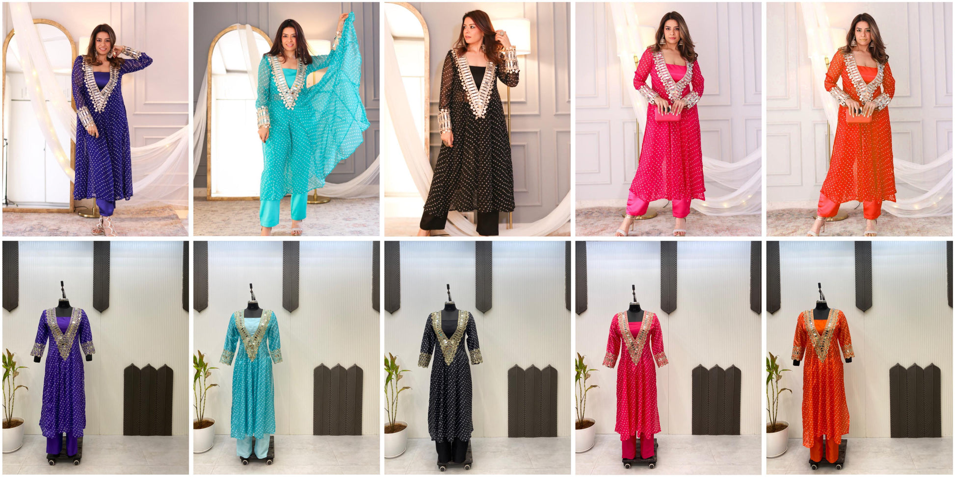 Multi-color ethnic kurta sets with embroidery and mirror detailing

