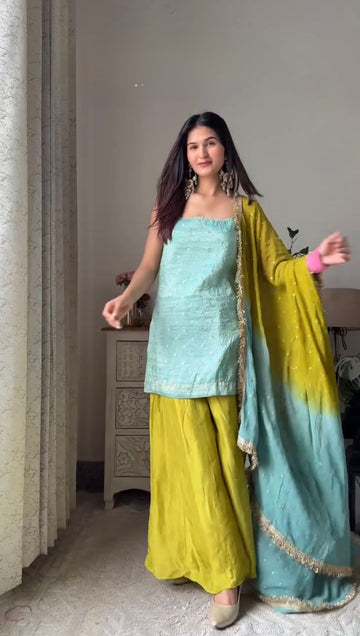 Sky Blue Chinon Silk Sequins Embroidered Palazzo Set with Dupatta