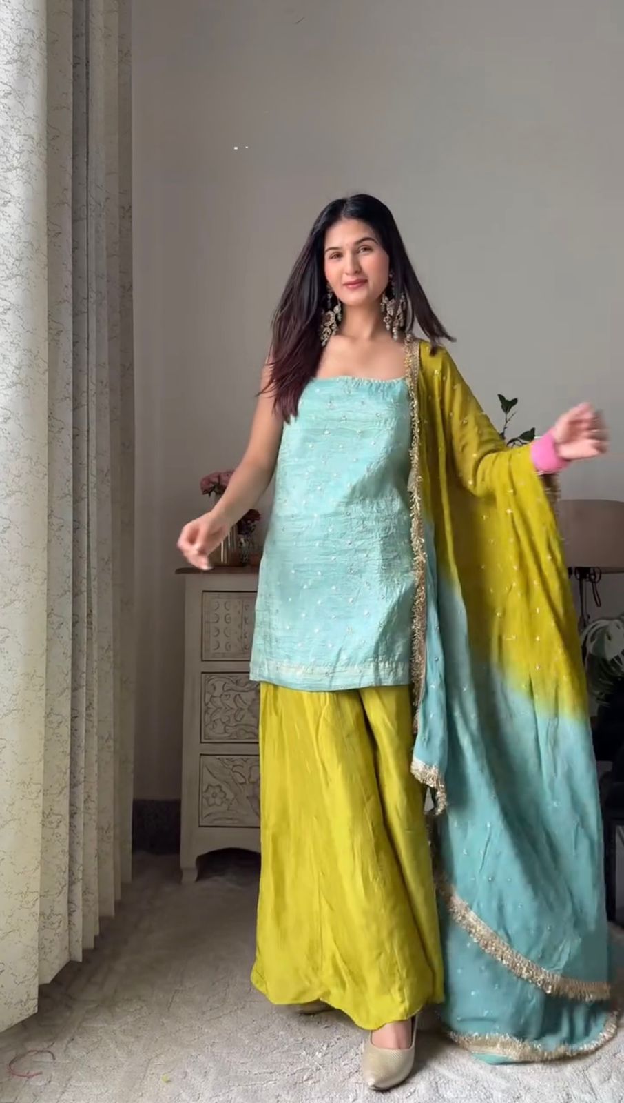 Sky Blue Chinon Silk Sequins Embroidered Palazzo Set with Dupatta