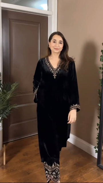 Luxury Black Velvet Embroidered Suit Set – Festive Collection