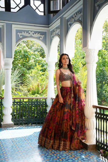 Flower Digital Print Organza Lehenga Choli and Dupatta Set with Digital Print and Sequin Work
